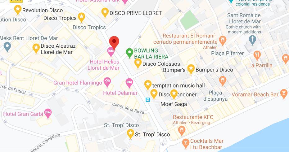 Discos in Lloret de Mar center on the map